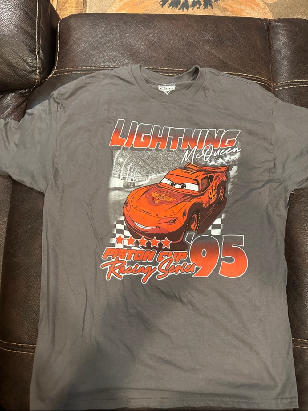 Disney Gray Tee with Red & Orange Lightning McQueen Graphic